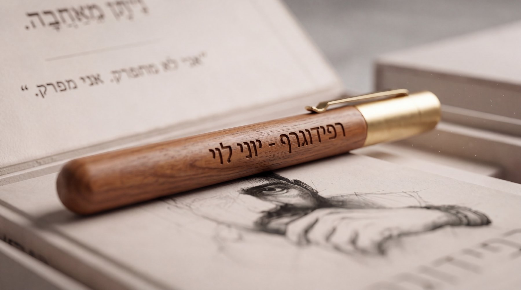 קלוז-אפ של עט רפידוגרף עץ עם פליז זהוב — חריטה בעברית: 'רפידוגרף — יוני לוי'